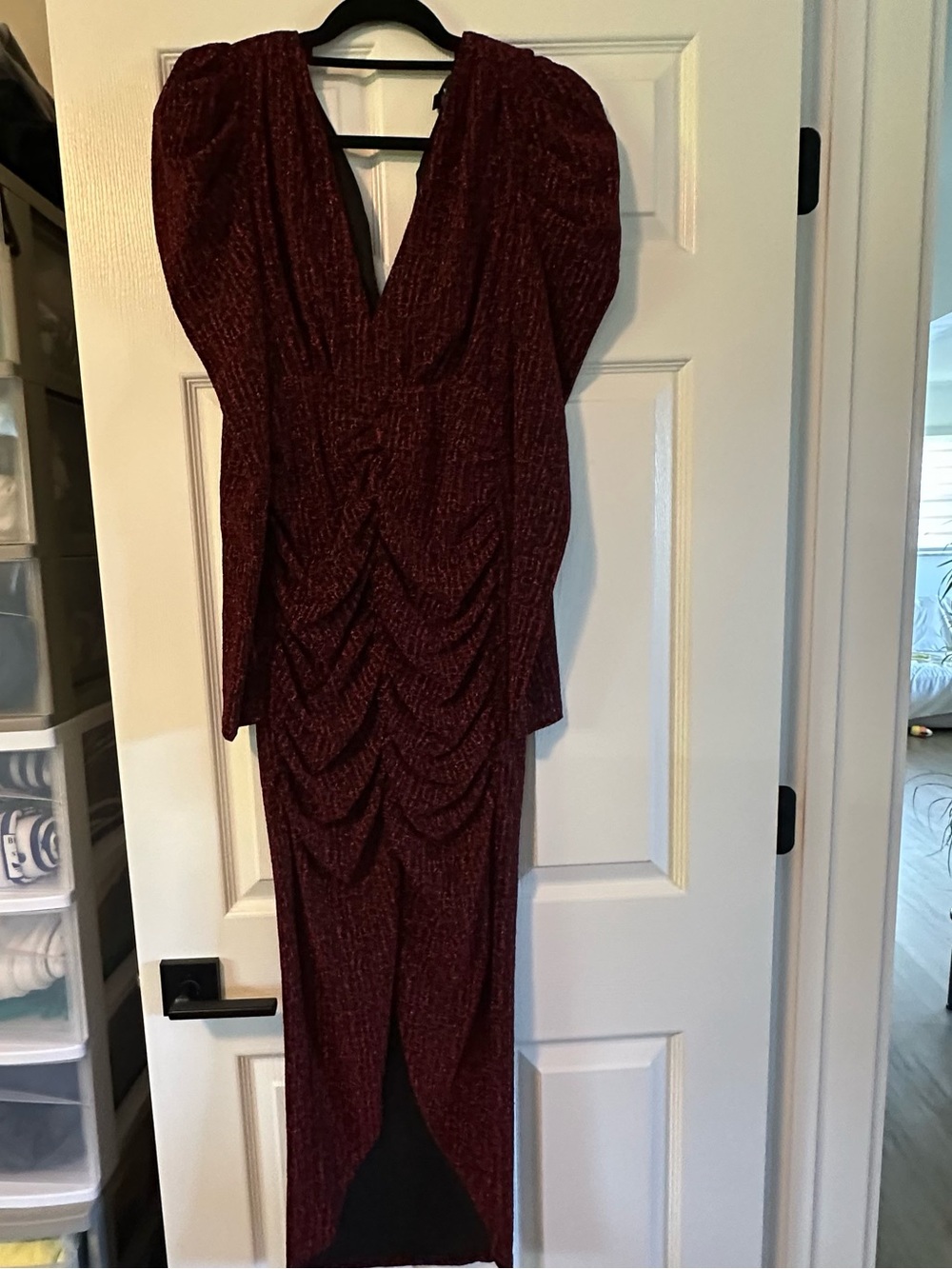 Lulu's Burgundy Metallic Ruched V-Neck Long Sleeve Dress